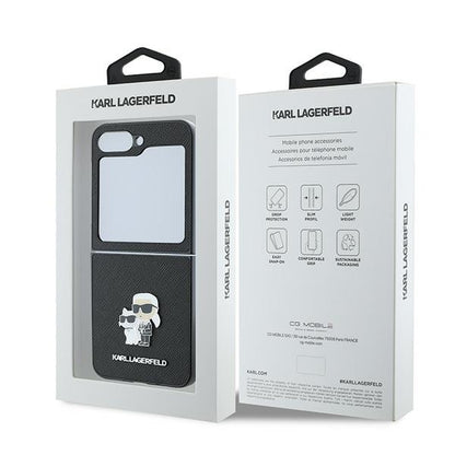 Capa para Samsung Galaxy Z Flip7 FE F761 / Z Flip6 F741, Karl Lagerfeld, Saffiano Karl & Choupette Metal, Preta.