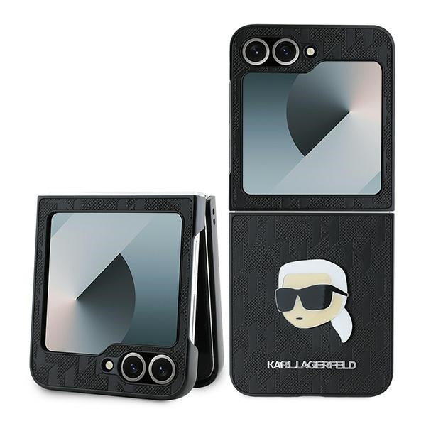 Capa para Samsung Galaxy Z Flip7 FE F761 / Z Flip6 F741, Karl Lagerfeld, Saffiano Monogram Karl's Head Metal, Preta