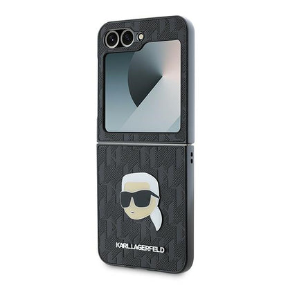 Capa para Samsung Galaxy Z Flip7 FE F761 / Z Flip6 F741, Karl Lagerfeld, Saffiano Monogram Karl's Head Metal, Preta