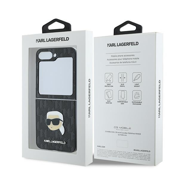 Capa para Samsung Galaxy Z Flip7 FE F761 / Z Flip6 F741, Karl Lagerfeld, Saffiano Monogram Karl's Head Metal, Preta