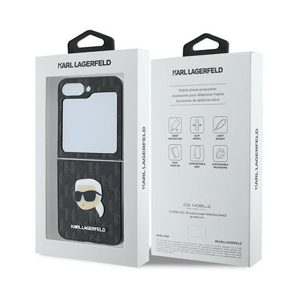 Capa para Samsung Galaxy Z Flip7 FE F761 / Z Flip6 F741, Karl Lagerfeld, Saffiano Monogram Karl's Head Metal, Preta