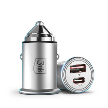 Carregador de isqueiro 3MK Hyper, 45W, 3A, 1 x USB-A - 1 x USB-C, prateado 