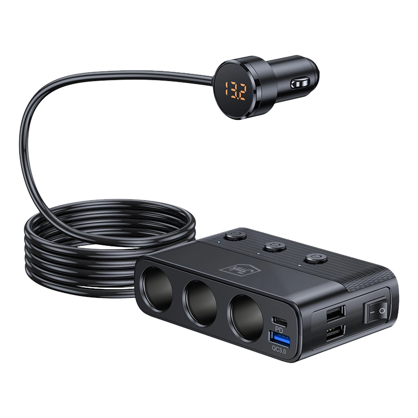Carregador Automóvel 3MK Power Splitter, 120W, 3A, 3 x USB-A - 1 x USB-C - 3 x Extensão Isqueiro, Preto