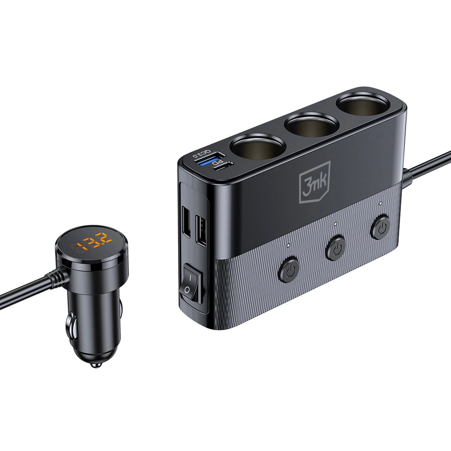 Carregador Automóvel 3MK Power Splitter, 120W, 3A, 3 x USB-A - 1 x USB-C - 3 x Extensão Isqueiro, Preto