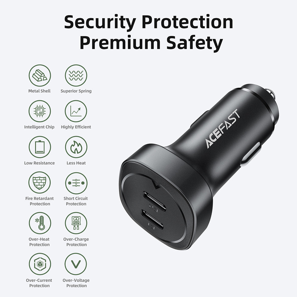 Carregador Auto Acefast B2, 72W, 3A, 2 x USB-C, Preto