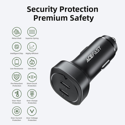 Carregador Auto Acefast B2, 72W, 3A, 2 x USB-C, Preto