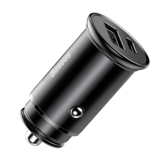 Carregador Auto Baseus Circular Metal, 30W, 5A, 1 x USB-A - 1 x USB-C, Preto