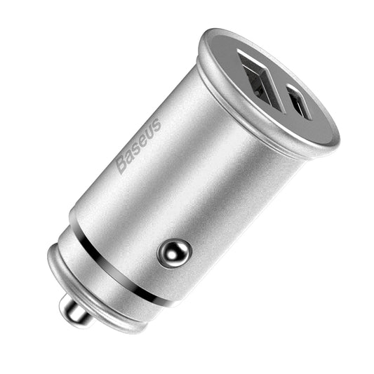 Carregador Auto Baseus Circular Metal, 30W, 5A, 1 x USB-A - 1 x USB-C, Cinzento