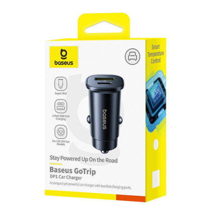 Carregador Auto Baseus GoTrip, 30W, 3A, 1 x USB-A - 1 x USB-C, Preto