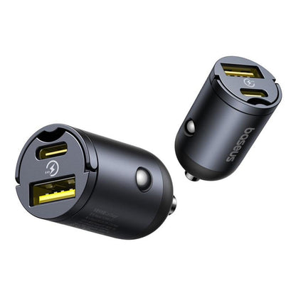 Carregador Auto Baseus Tiny Star, 30W, 3A, 1 x USB-A - 1 x USB-C, Preto C00035001121-02