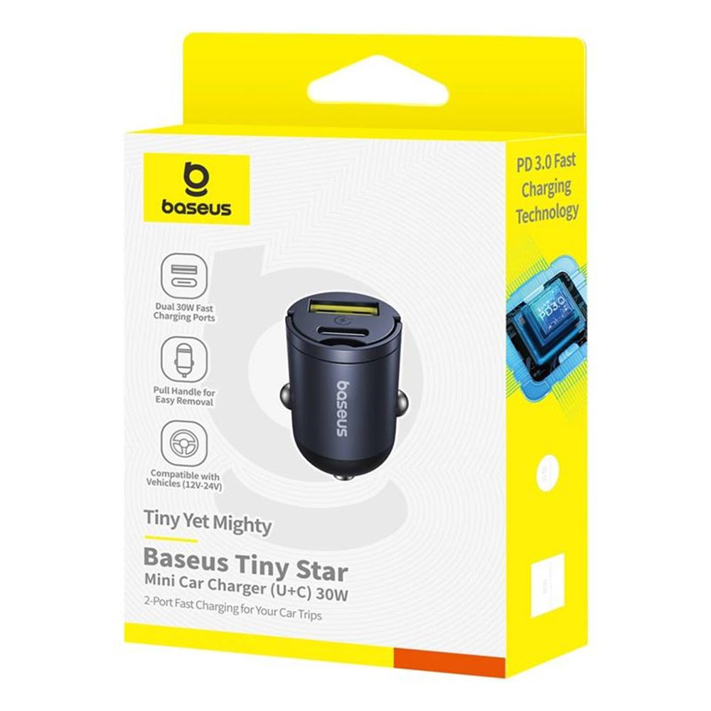 Carregador Auto Baseus Tiny Star, 30W, 3A, 1 x USB-A - 1 x USB-C, Preto C00035001121-02
