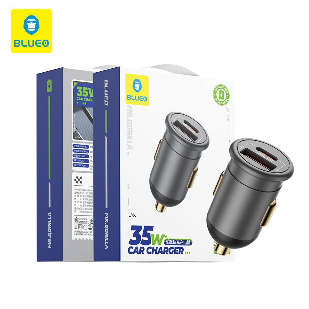 Carregador Auto Blueo, 35W, 3A, 1 x USB-A - 1 x USB-C, Cinzento