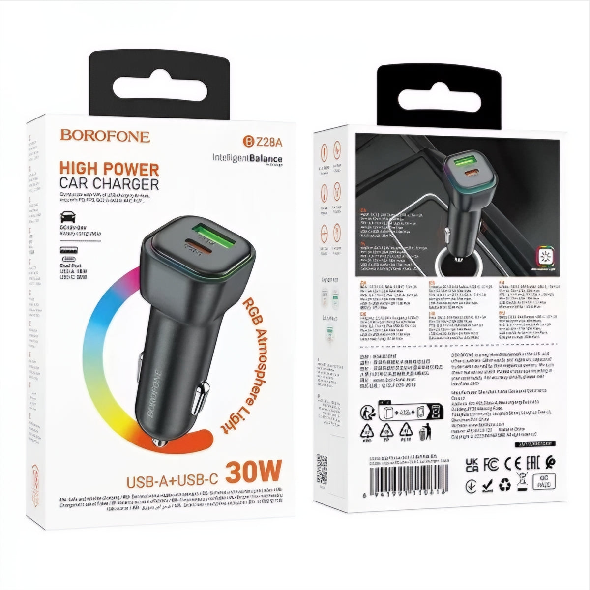 Carregador Auto Borofone BZ28A Trophie, 30W, 3A, 1 x USB-A - 1 x USB-C, Preto