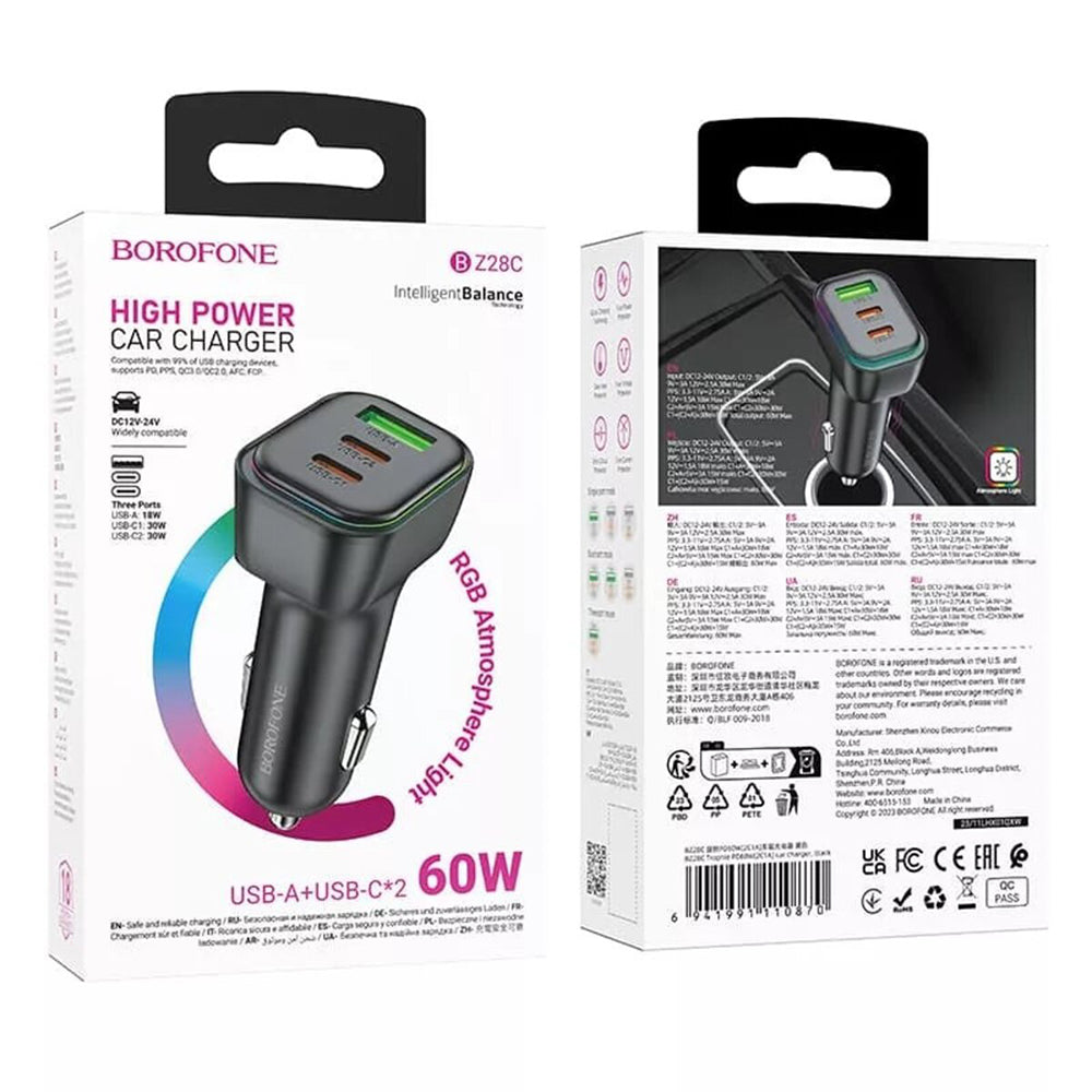 Carregador Auto Borofone BZ28C Trophie, 60W, 3A, 1 x USB-A, 2 x USB-C, Preto