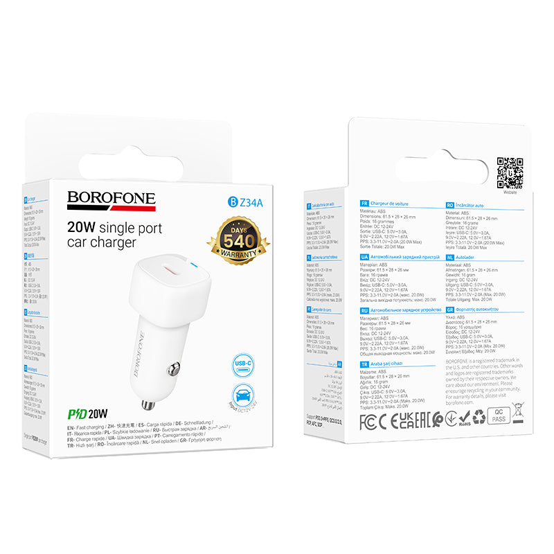 Carregador Auto Borofone BZ34A Cloud, 20W, 3A, 1 x USB-C, Branco