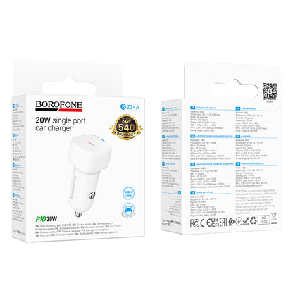 Carregador Auto Borofone BZ34A Cloud, 20W, 3A, 1 x USB-C, Branco