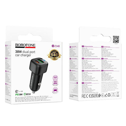 Carregador Auto Borofone BZ34B Cloud, 38W, 3A, 1 x USB-A - 1 x USB-C, Preto