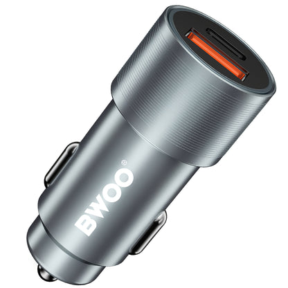 Carregador de isqueiro BWOO BO-CC73, 38W, 3A, 1 x USB-A - 1 x USB-C, Prateado 