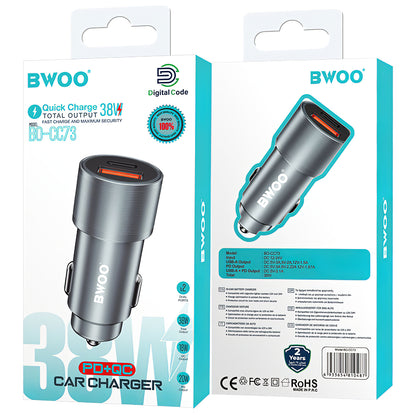 Carregador de isqueiro BWOO BO-CC73, 38W, 3A, 1 x USB-A - 1 x USB-C, Prateado 