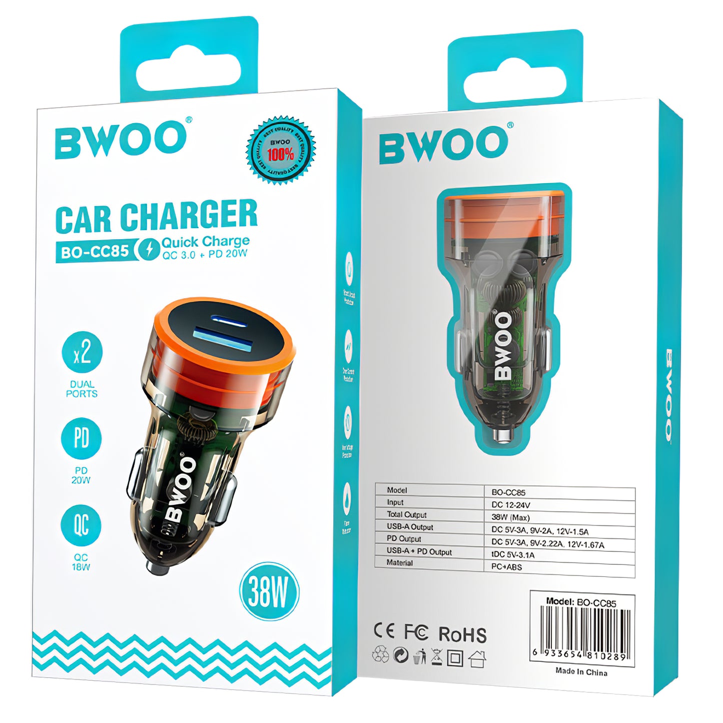 Carregador de isqueiro BWOO BO-CC85, 38W, 3A, 1 x USB-A - 1 x USB-C, preto 