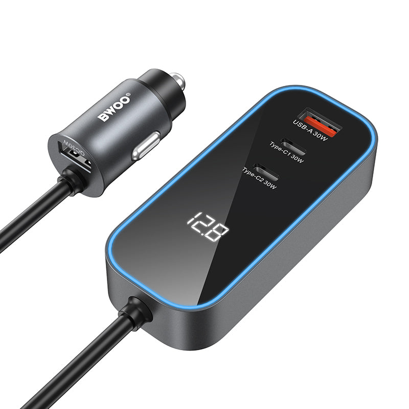 Carregador Auto BWOO CC107 Display, 120W, 3A, 2 x USB-A - 2 x USB-C, Preto