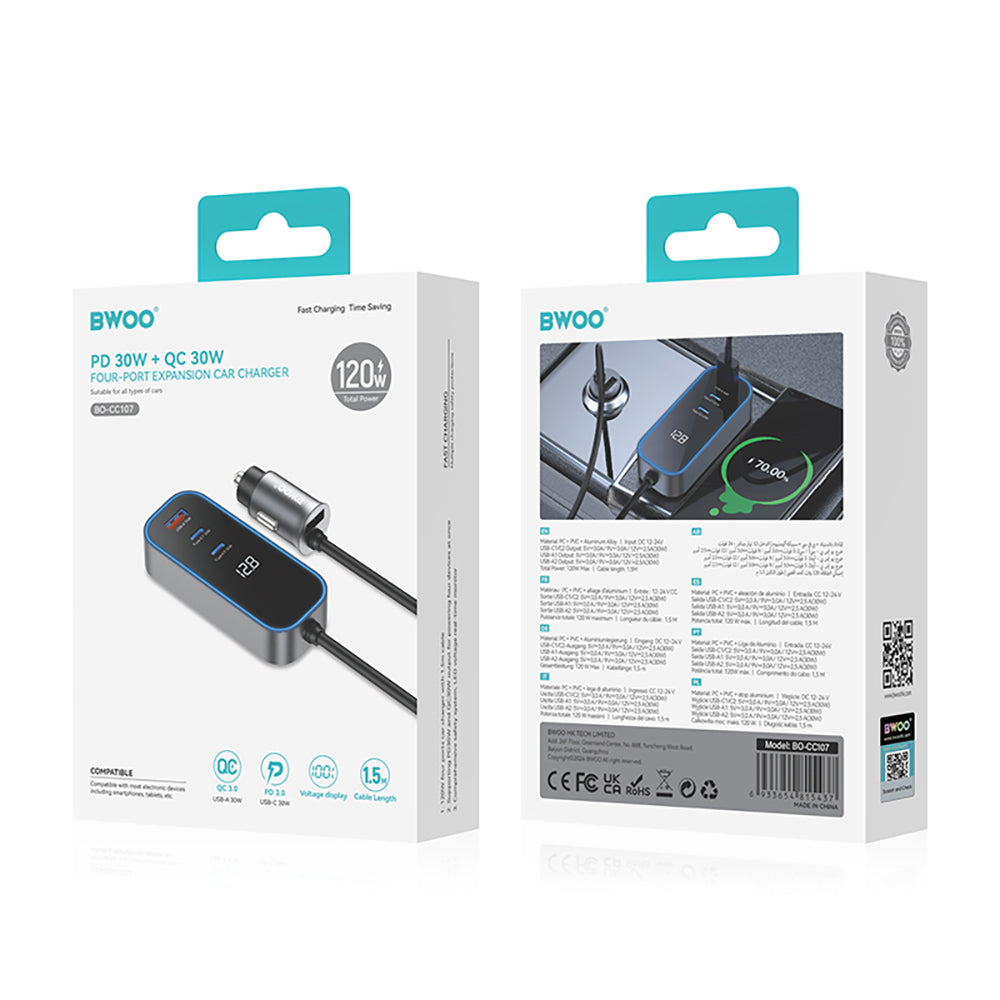 Carregador Auto BWOO CC107 Display, 120W, 3A, 2 x USB-A - 2 x USB-C, Preto