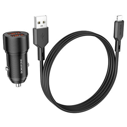 Carregador de isqueiro com cabo Lightning Borofone BZ19 Wisdom, 12W, 2.4A, 2 x USB-A, preto 