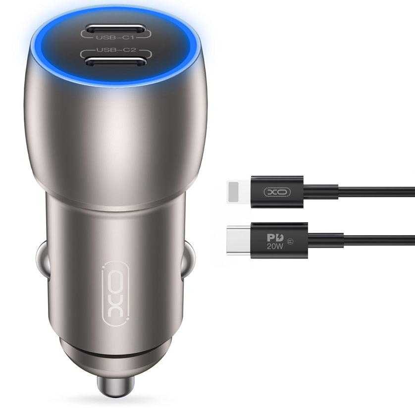 Carregador de isqueiro com cabo Lightning XO Design CC51, 40W, 3A, 2 x USB-C, cinzento 