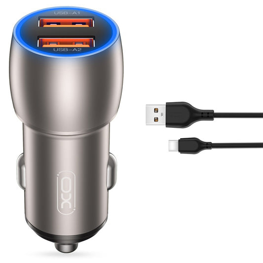 Carregador de isqueiro com cabo USB-C XO Design CC52, 36W, 3A, 2 x USB-A, cinzento 