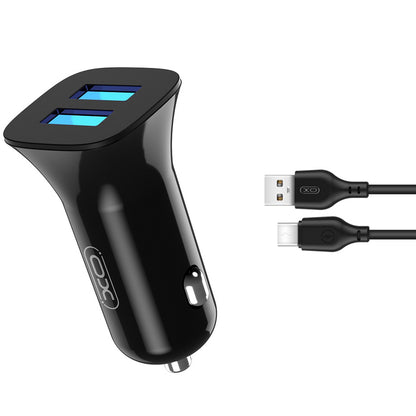 Carregador de isqueiro com cabo USB-C XO Design TZ10, 12 W, 2,4 A, 2 x USB-A, preto 