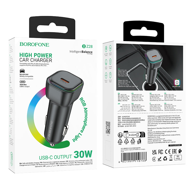 Carregador de isqueiro com cabo Lightning Borofone BZ28 Trophie, 30W, 3A, 1 x USB-C, preto 