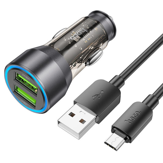 Carregador de isqueiro com cabo microUSB HOCO NZ12, 36W, 3A, 2 x USB-A, preto 