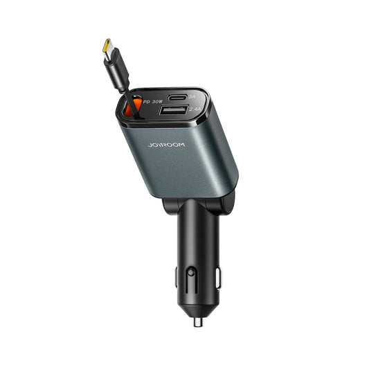 Carregador Automotivo com Cabo USB-C Joyroom JR-CCL07, 30W, 3A, 1 x USB-A - 1 x USB-C, Cinza