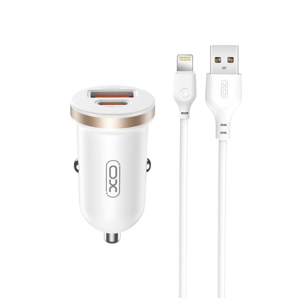 Car Charger with Lightning Cable XO Design CC56, 30W, 3A, 1 x USB-A - 1 x USB-C, White