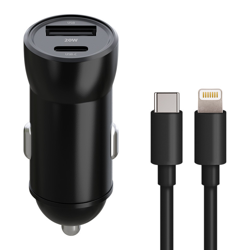 Carregador Automóvel com Cabo Lightning MaXlife MXCC-04, 20W, 3A, 1 x USB-A - 1 x USB-C, Preto