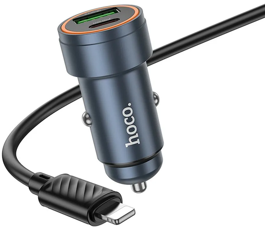 Carregador Automóvel Com Cabo Lightning HOCO Z57A, 30W, 3A, 1 x USB-A - 1 x USB-C, Cinzento