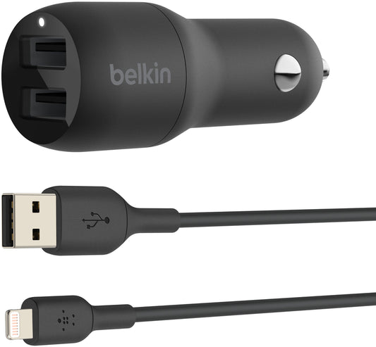 Carregador Automóvel com Cabo Lightning Belkin BoostCharge Dual, 24W, 2.4A, 2 x USB-A, Preto CCD001bt1MBK
