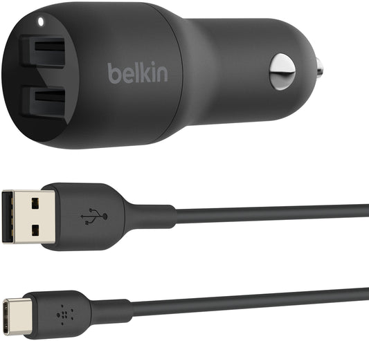 Carregador Automóvel com Cabo USB-C Belkin BoostCharge Dual, 24W, 2.4A, 2 x USB-A, Preto CCE001bt1MBK