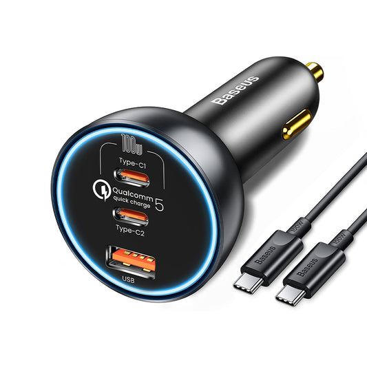 Carregador de isqueiro com cabo USB-C Baseus Qualcomm, 160 W, 3 A, 1 x USB-A - 2 x USB-C, cinzento TZCCZZM-0G