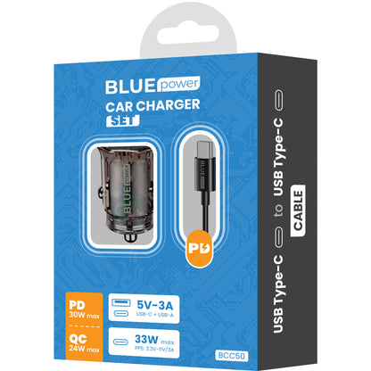 Carregador de isqueiro com cabo USB-C BLUE Power BCC50, 33W, 3A, 1 x USB-A - 1 x USB-C, preto