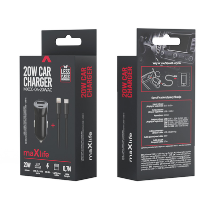 Carregador Automóvel com Cabo Lightning MaXlife MXCC-04, 20W, 3A, 1 x USB-A - 1 x USB-C, Preto