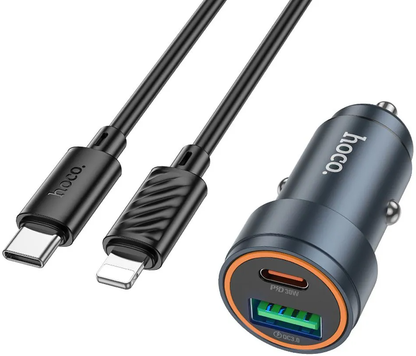 Carregador Automóvel Com Cabo Lightning HOCO Z57A, 30W, 3A, 1 x USB-A - 1 x USB-C, Cinzento