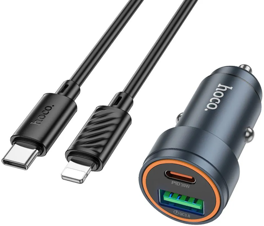 Carregador Automóvel Com Cabo Lightning HOCO Z57A, 30W, 3A, 1 x USB-A - 1 x USB-C, Cinzento