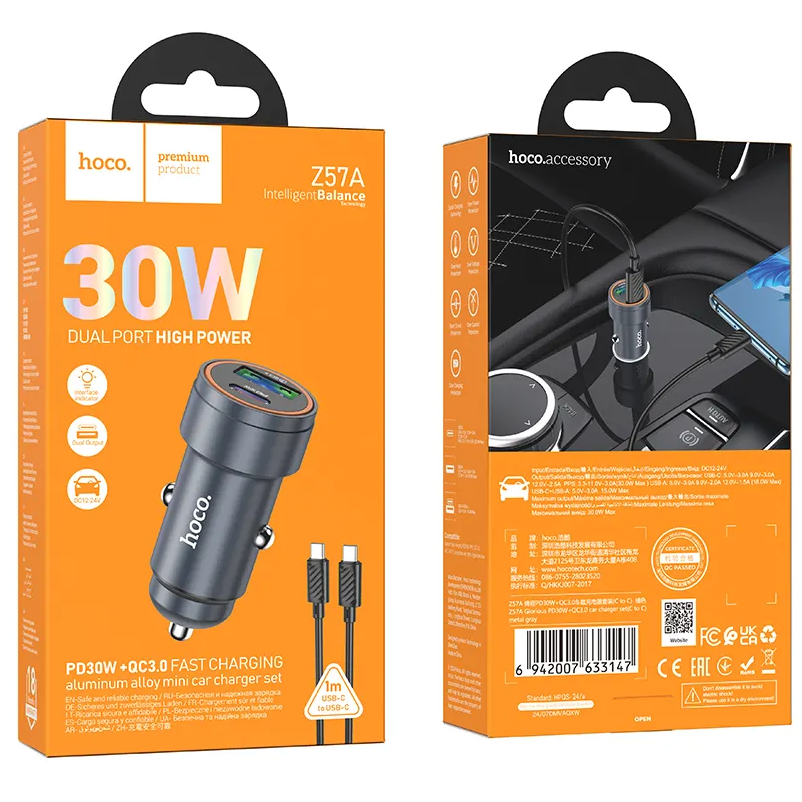 Carregador Automóvel com Cabo USB-C HOCO Z57A, 30W, 3A, 1 x USB-A - 1 x USB-C, Cinzento