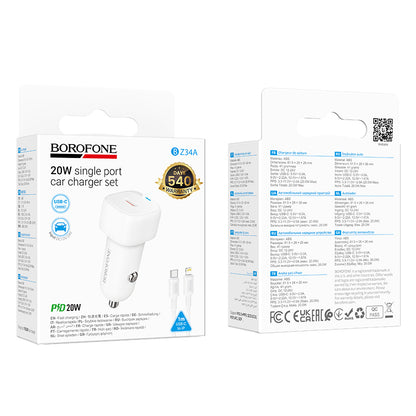 Carregador Automotivo com Cabo Lightning Borofone BZ34B Cloud, 20W, 3A, 1 x USB-A - 1 x USB-C, Branco