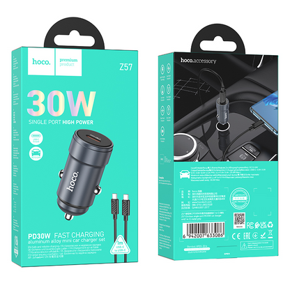 Carregador Automóvel Com Cabo USB-C HOCO Z57, 30W, 3A, 1 x USB-C, Cinzento