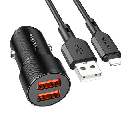 Carregador de isqueiro com cabo Lightning Borofone BZ19 Wisdom, 12W, 2.4A, 2 x USB-A, preto 