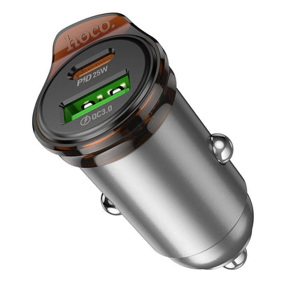 Carregador Automóvel Com Cabo Lightning HOCO NZ16A, 43W, 3A, 1 x USB-A - 1 x USB-C, Cinzento