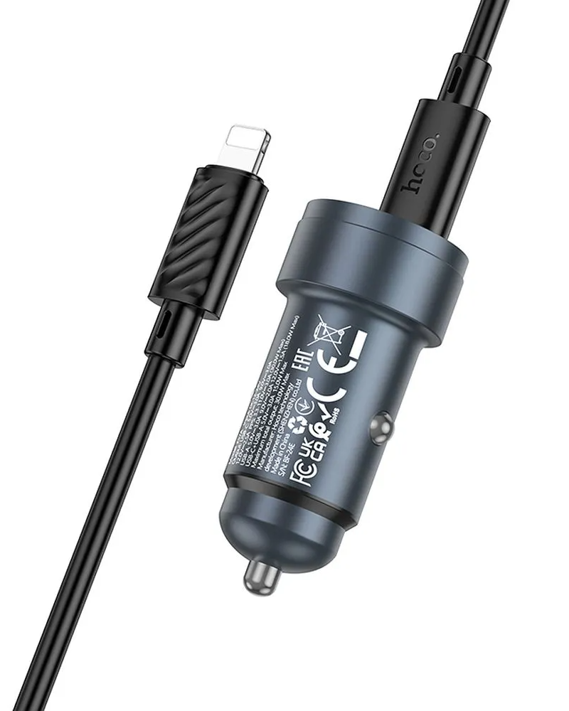 Carregador Automóvel Com Cabo Lightning HOCO Z57A, 30W, 3A, 1 x USB-A - 1 x USB-C, Cinzento