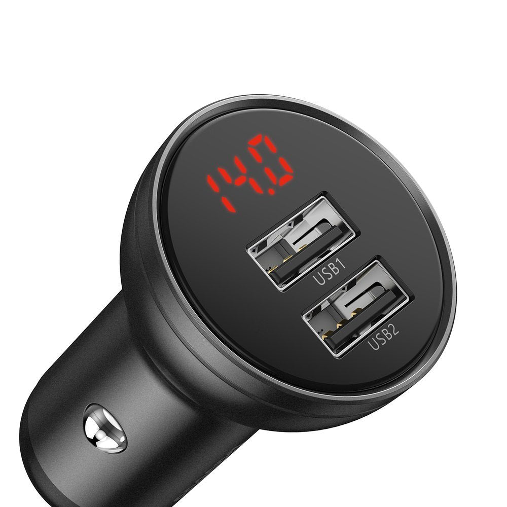 Carregador de isqueiro com cabo Lightning - microUSB - USB-C, ecrã digital de baseus, 24 W, 2,4 A, 2 x USB-A, cinzento TZCCBX-0G